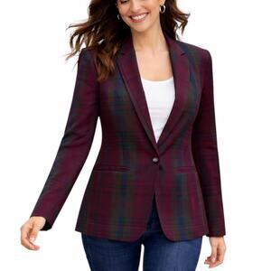 LOFT Plaid Blazer Size 12 Single Button Lined Jacket Preppy Burgundy Green Navy